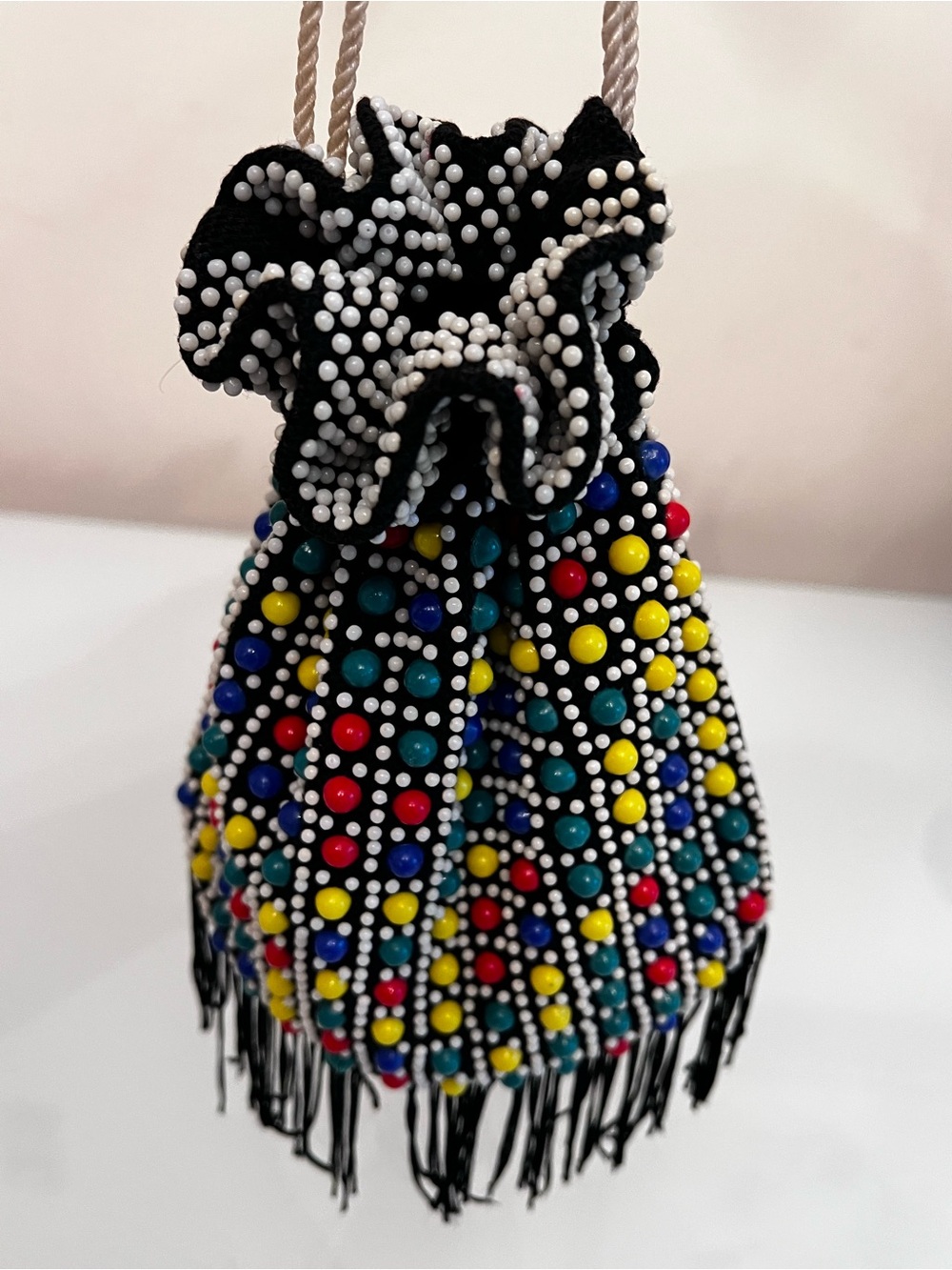 Vintage Made in Hong Kong Candy Dot Beaded Drawstring Fringe Purse Mod